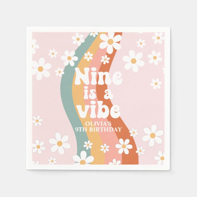 Servilleta De Papel Retro Arcoíris Nine es una Vibra Cumpleaños 9 de D (Anverso)