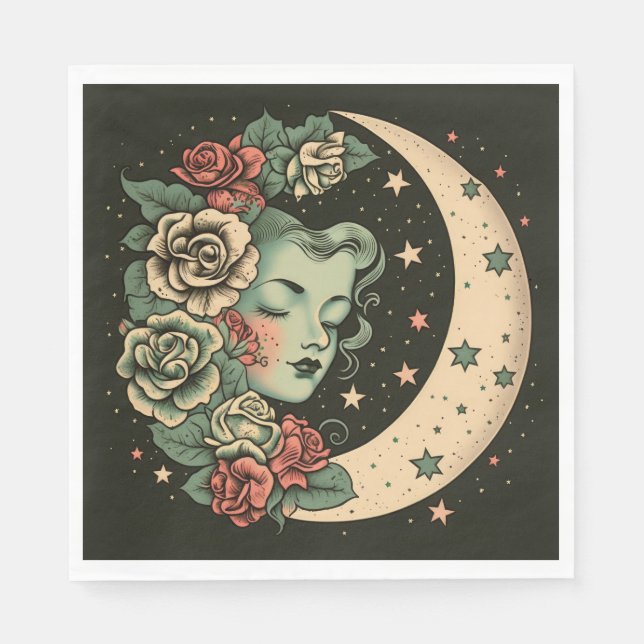 Servilleta De Papel Retro Art Deco Green Crescent Moon Lady (Anverso)