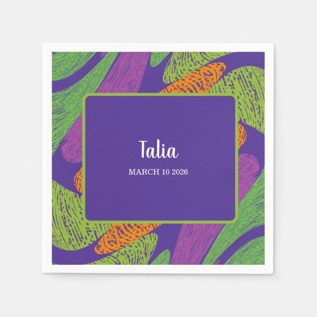 Servilleta De Papel Retro Bat Mitzvah Morado y Verde (Anverso)
