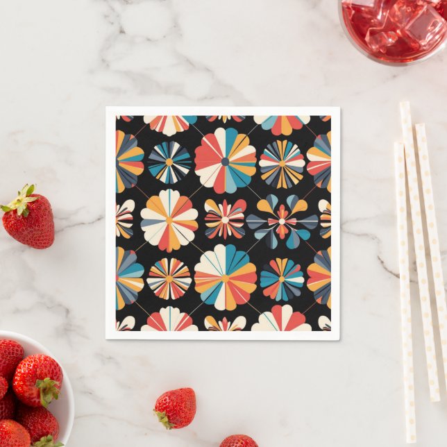 Servilleta De Papel Retro Black Rainbow geometric Flowers Pattern  (In situ)