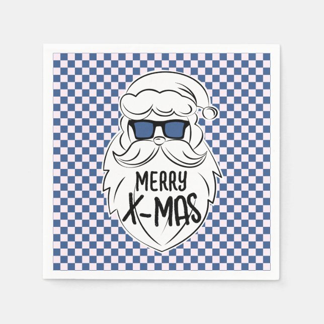 Servilleta De Papel Retro Blue Pink Checkered Santa Claus Christmas  (Anverso)