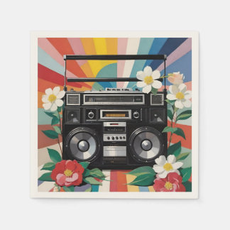 Servilleta De Papel Retro Boombox With Rainbows And Flowers
