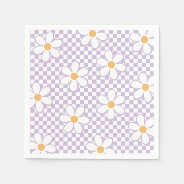 Servilleta De Papel Retro Checker Lila Daisy cumpleaños (Anverso)
