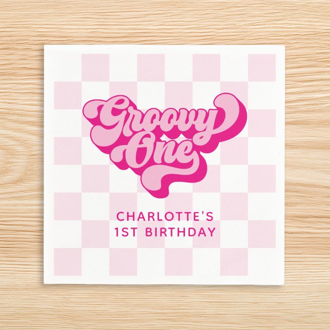 Servilleta De Papel Retro Checker Rosa Caliente Groovy One (Retro Checker Hot Pink Groovy One Napkins)