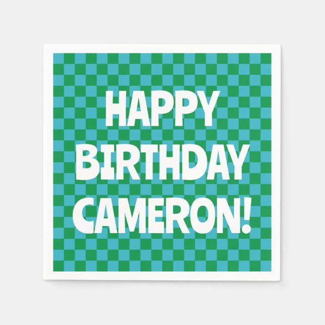 Servilleta De Papel Retro Checkerboard Blue Green Personalizado Nombre (Anverso)