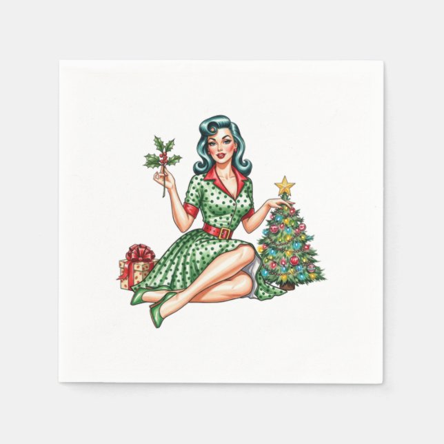Servilleta De Papel Retro Christmas Pin-Up Cocktail Napkin  (Anverso)