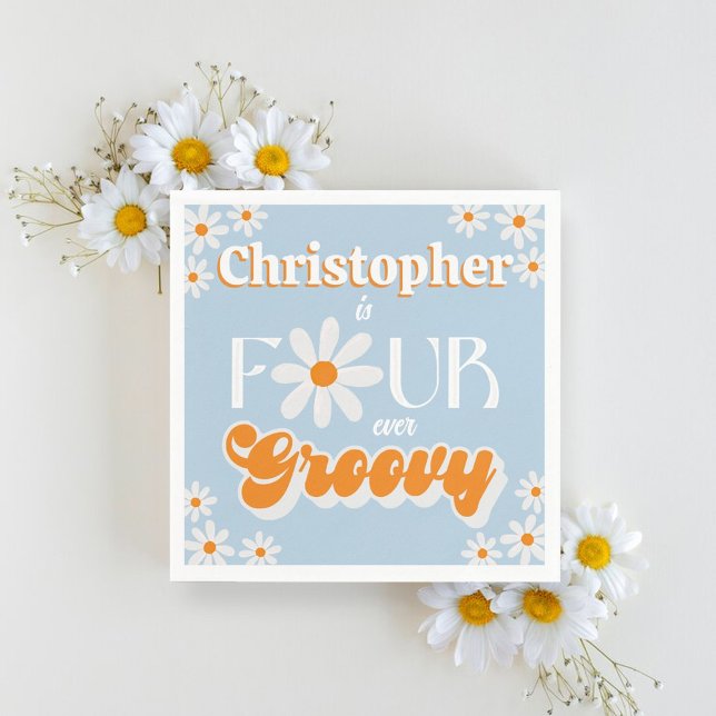 Servilleta De Papel Retro Cuatro Niños Groovy De Cuarto Cumpleaños (Subido por el creador)