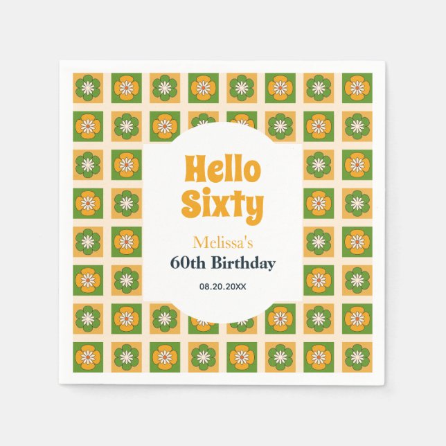 Servilleta De Papel Retro Daisy Flower Checkered Hola Sesenta cumpleañ (Anverso)