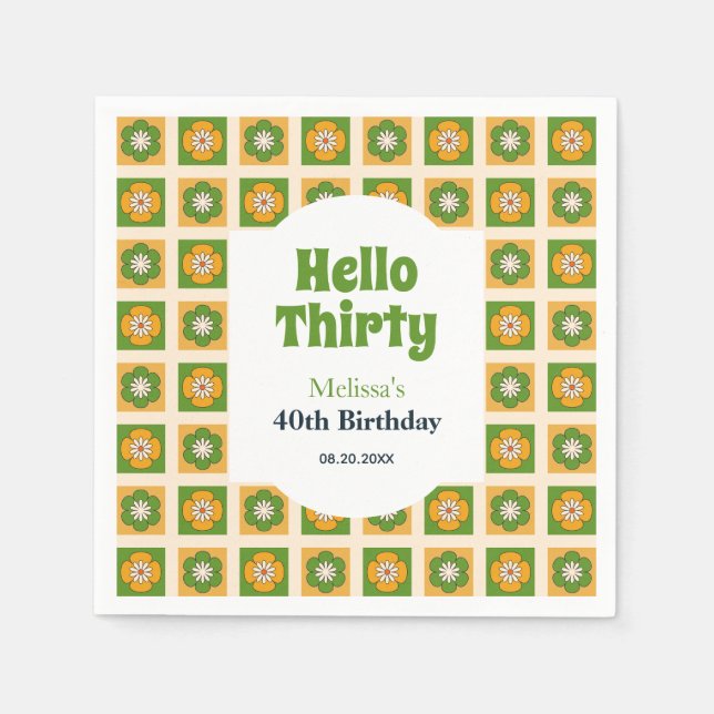 Servilleta De Papel Retro Daisy Flower Checkered Hola Treinta Cumpleañ (Anverso)