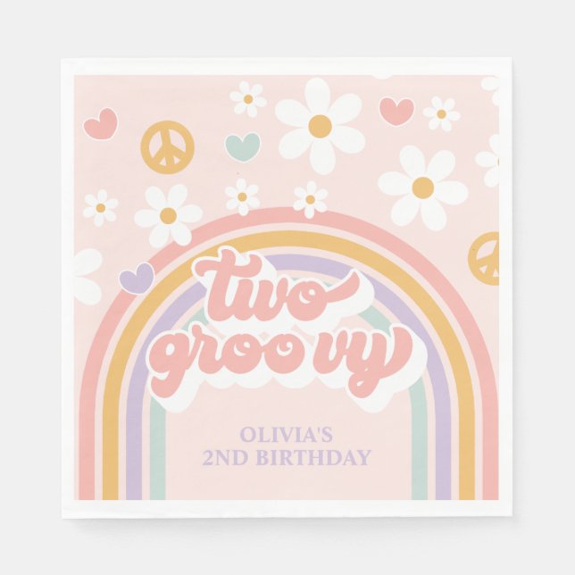 Servilleta De Papel Retro Dos Chica Groovy Arcoíris Cumpleaños 2 (Anverso)
