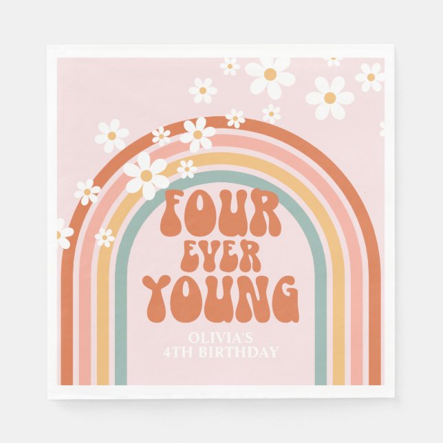 Servilleta De Papel Retro Four Ever Young margarita arcoíris cumpleaño (Anverso)