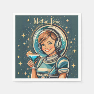 Servilleta De Papel Retro Futurista Chica Astro Martini Time