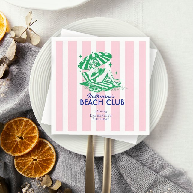 Servilleta De Papel Retro Girl Beach Club Pink Stripes Birthday (Subido por el creador)