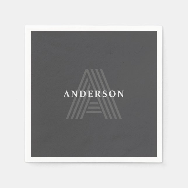 Servilleta De Papel Retro Gris oscuro Monogramo moderno Nombre (Anverso)