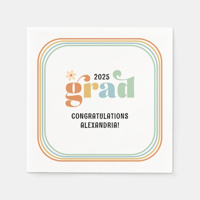 Servilleta De Papel Retro Groovy Boho Daisy 2025 Grad Fiesta (Anverso)