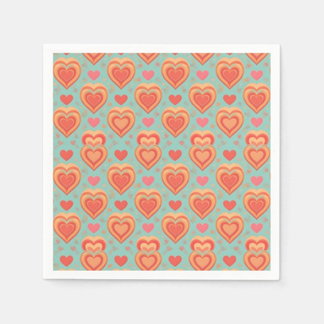 Servilleta De Papel  Retro Groovy Hearts 70s Valentine Love Coral Mint (Anverso)