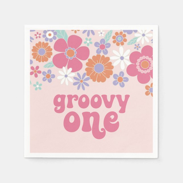 Servilleta De Papel Retro Groovy Uno Floral Rosa (Anverso)
