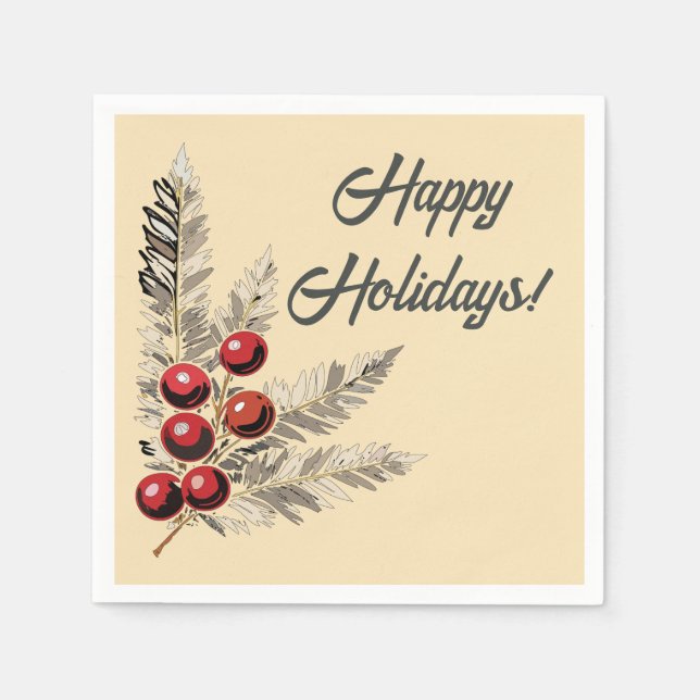 Servilleta De Papel Retro Holly Berries y Evergreen (Anverso)
