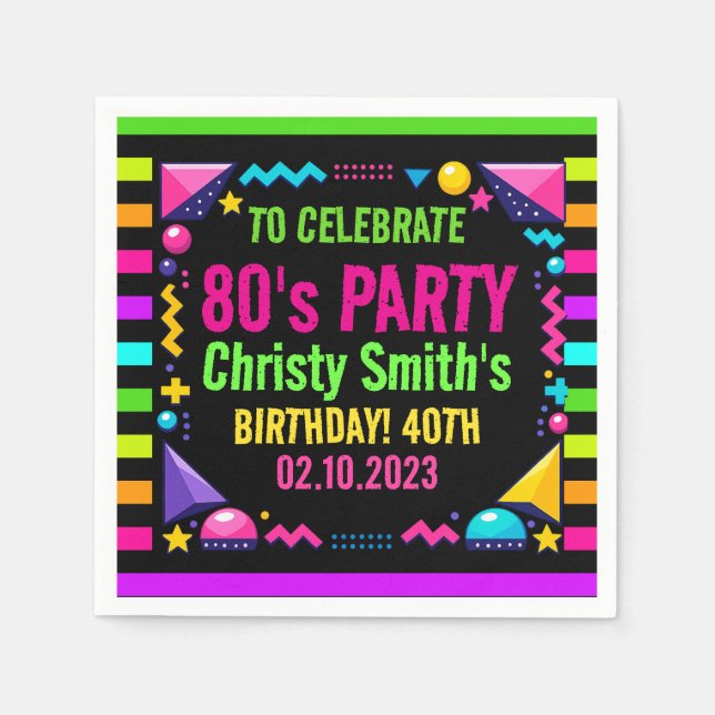 Servilleta De Papel Retro Neon 80s Birthday Party (Anverso)