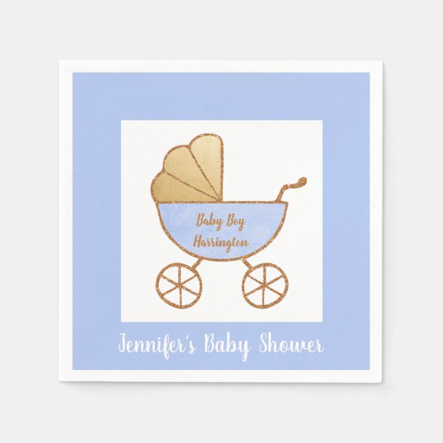 Servilleta De Papel Retro Pastel Azul Carrito Blanco Bebé Ducha (Anverso)