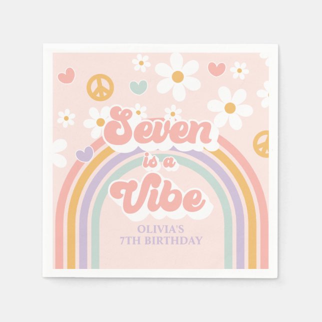 Servilleta De Papel Retro Rainbow Seven es una Vibra Cumpleaños 7 (Anverso)