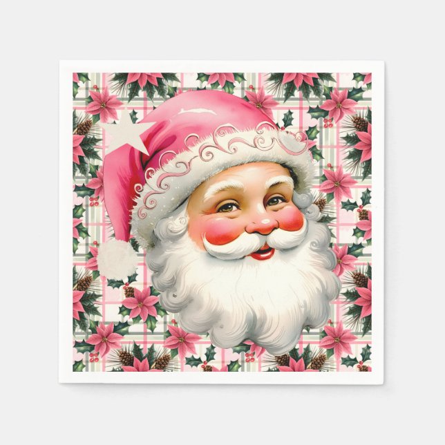 Servilleta De Papel Retro Rosa Santa Claus Navidades Floral Plaid (Anverso)