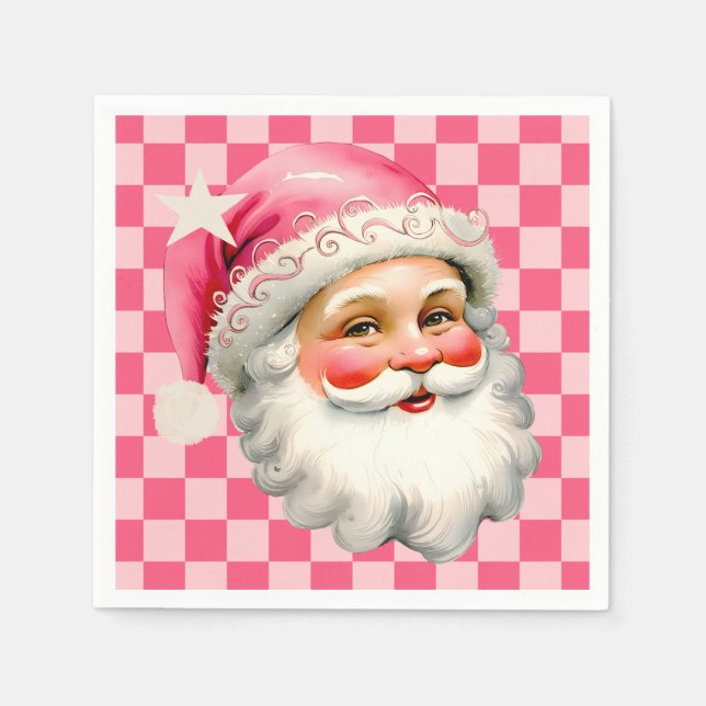 Servilleta De Papel Retro Rosa Santa Claus Navidades rosados en tafetá (Anverso)
