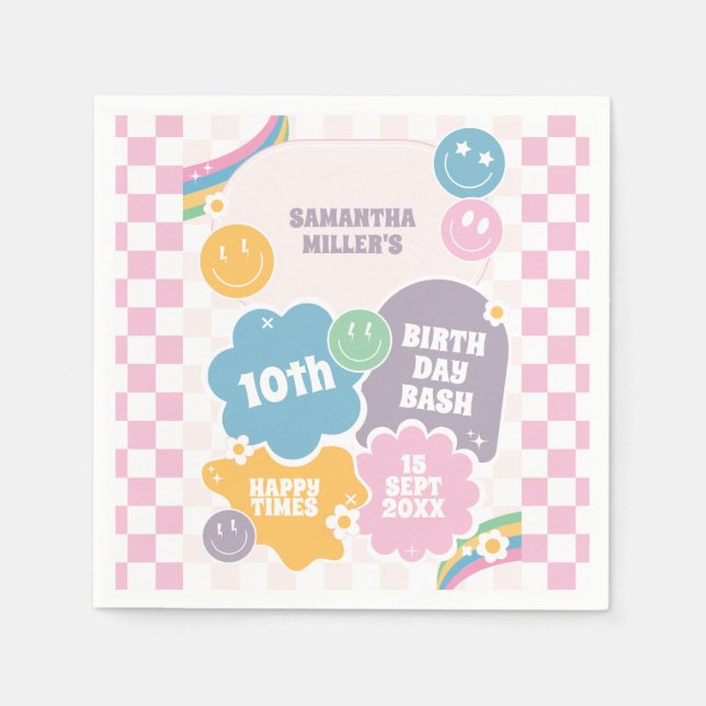 Servilleta De Papel Retro Sonrisas Pastel Groovy Cumpleaños (Anverso)