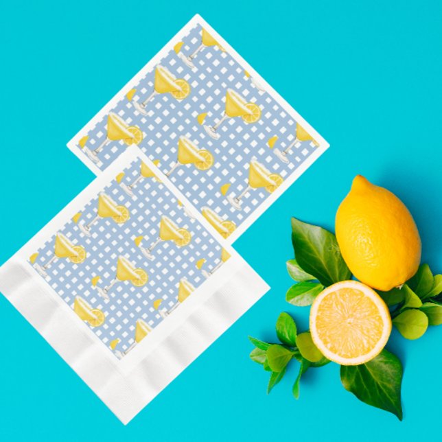 Servilleta De Papel Retro Sunny Yellow Lemon Drop Blue Check (Perfect lemon party napkins!)