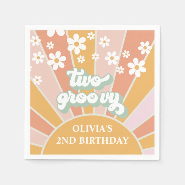 Servilleta De Papel Retro Sunshine Two Groovy Daisy Cumpleaños (Anverso)