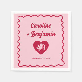Servilleta De Papel Retro Wavy Frame Red Pink Cupid Heart Wedding