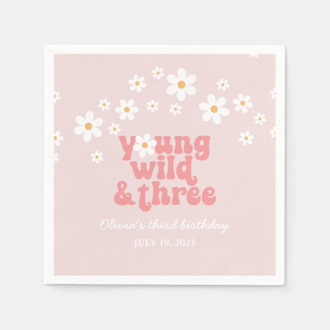 Servilleta De Papel Retro Young Wild 3 Daisy floral 3º cumpleaños (Anverso)