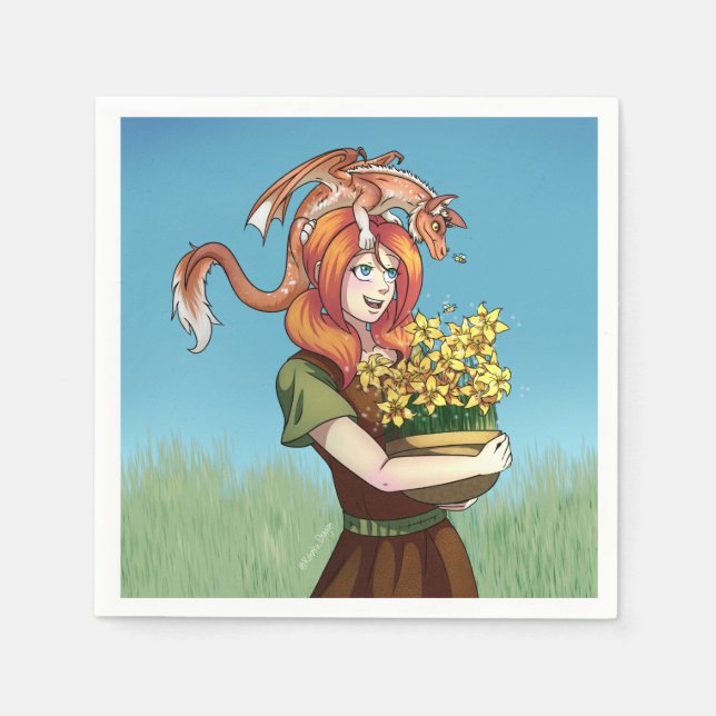 Servilleta De Papel Reuniendo flores con un dragón (Anverso)