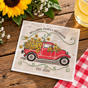 Servilleta De Papel Reunión Familiar Camioneta Roja Vintage Girasoles