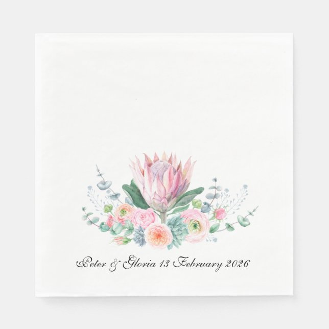 Servilleta De Papel Rey Protea Acuarela Floral Boda Elegante (Anverso)