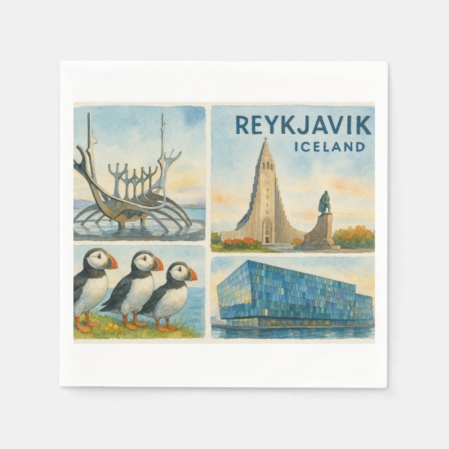 Servilleta De Papel Reykjavik Islandia multivista  (Anverso)