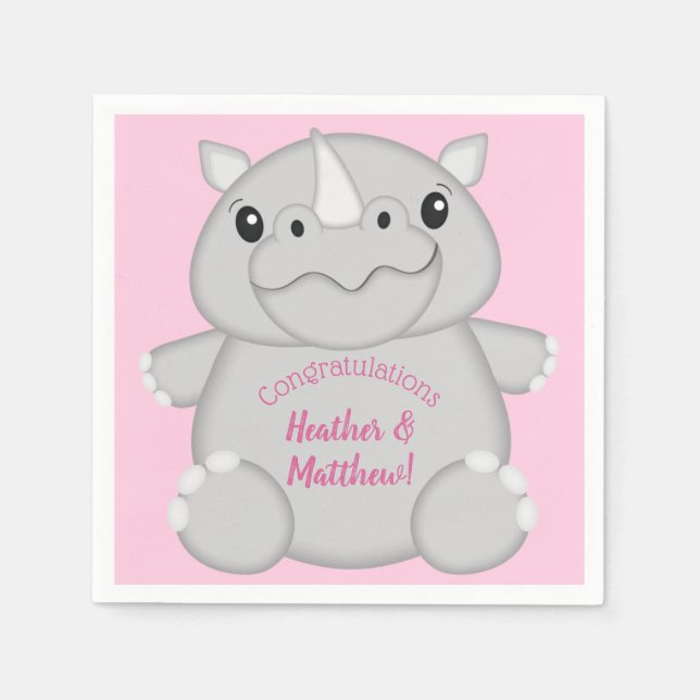 Servilleta De Papel Rhino Baby Shower Safari Chica rosado (Anverso)