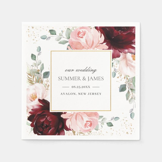 Servilleta De Papel Rich Burgundy Rubor Pink Floral Boda Square (Anverso)