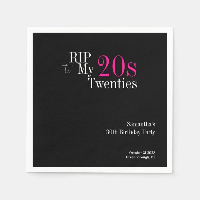 Servilleta De Papel RIP 20s 30th Birthday Party Black Pink (Anverso)