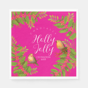 Servilleta De Papel Robin Birds Holly Berry Hot Pink