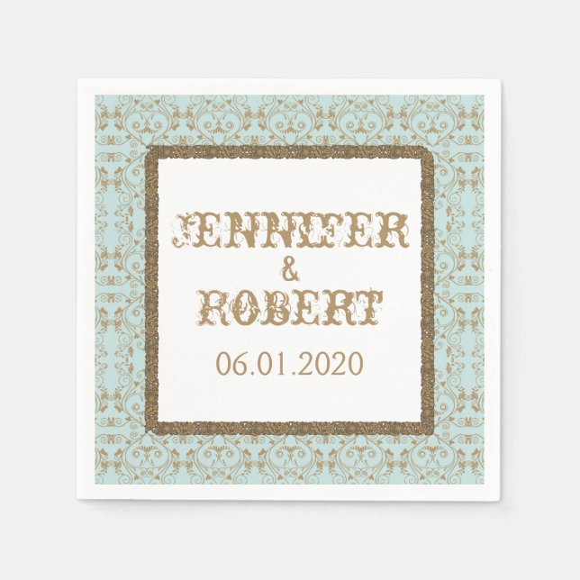 Servilleta De Papel Robin Egg Blue y Gold Damask Wedding (Anverso)
