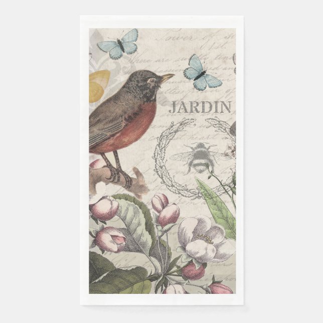 Servilleta De Papel Robin Elegant Bird Butterfly Arte Francés (Anverso)