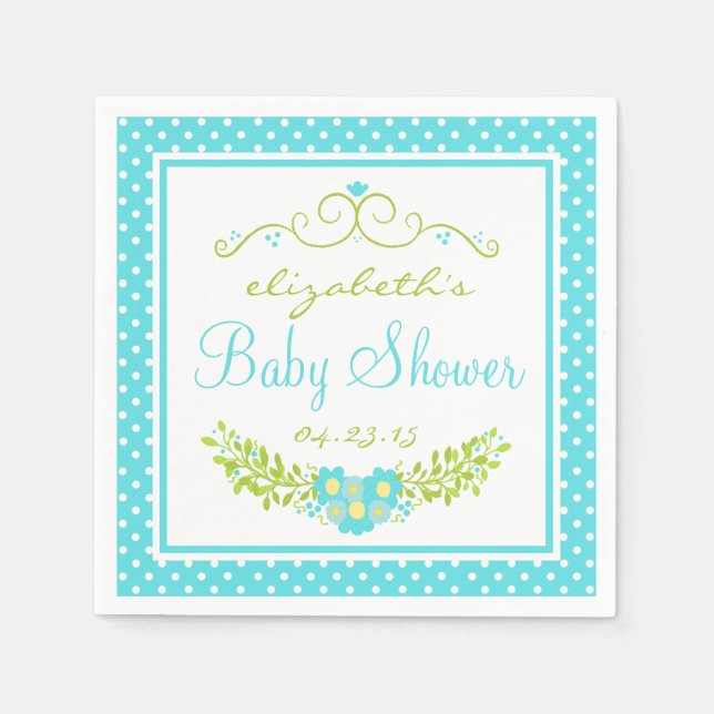 Servilleta De Papel Robins Egg Blue Baby Shower- Floral (Anverso)