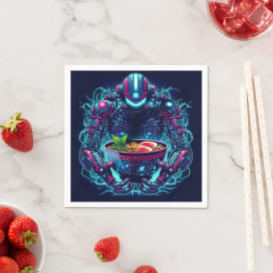 Servilleta De Papel Robot Cyberpunk Futurista Comida Ramen Neon