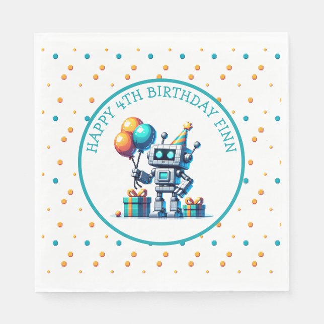 Servilleta De Papel Robot de arte de Pixel en cumpleaños Naranja y Ver (Anverso)