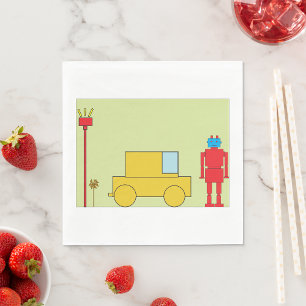 Servilleta De Papel Robot Geométrico Retro y Coche Amarillo