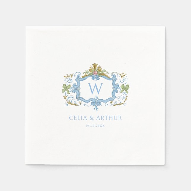 Servilleta De Papel Rococo Blue Monogram Crest Wedding  (Anverso)