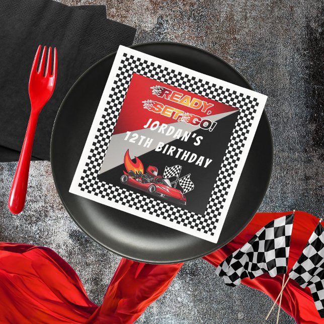 Servilleta De Papel Roja | Cumpleaños de la Carreras Black Go Kart (Red and Black Go Kart Racing Kid's Birthday Party "Ready, Set, Go!" Paper Napkins)