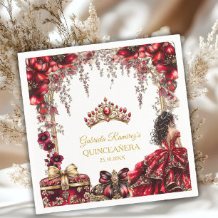 Servilleta De Papel Roja Quinceañera Floral Tiara Dorada