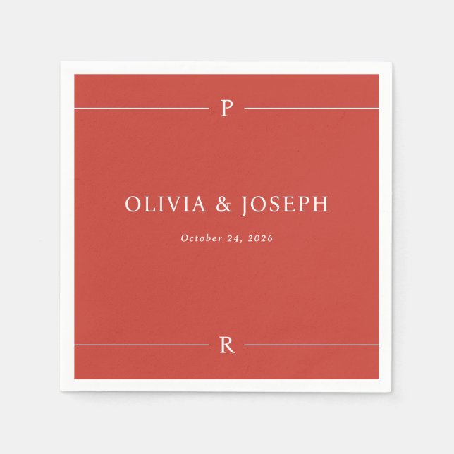 Servilleta De Papel Rojo amapola | Líneas modernas y Boda de monograma (Anverso)